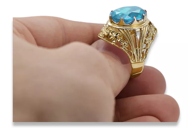Aquamarine 8K жълто злато Пръстен Винтидж крафт vrc031x-aq Art Deco Руски стил СССР, съветски